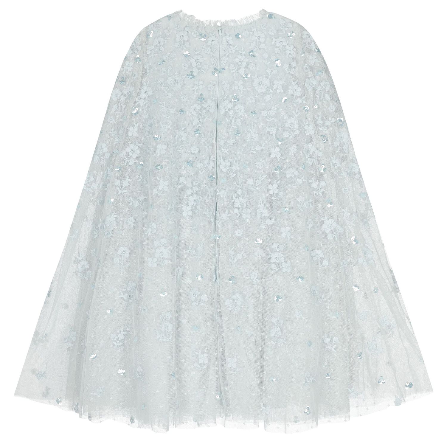 Girls Blue Sequin & Flower Tulle Cape Dress, 1, hi-res
