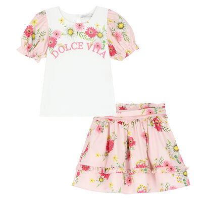 Girls White Floral Skirt & Top Set