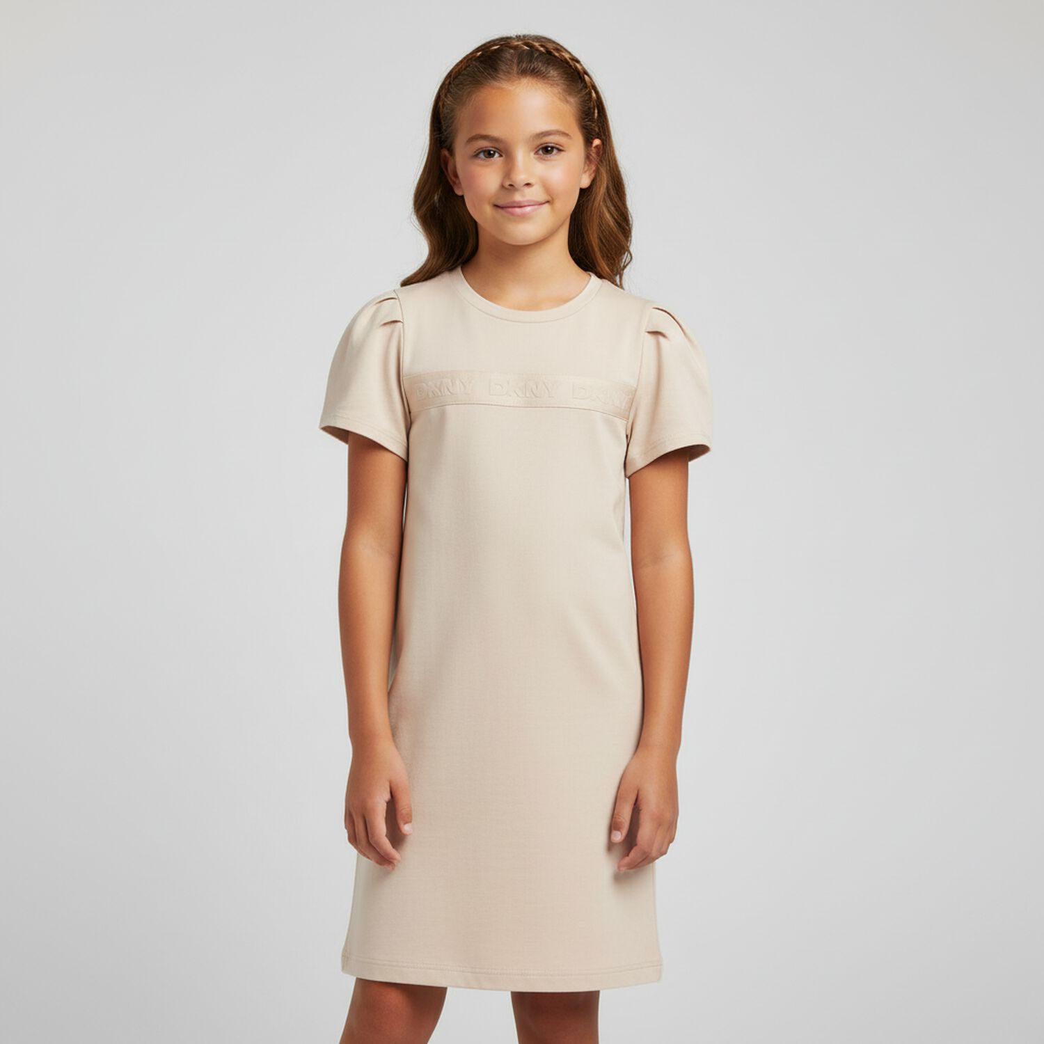 Girls Beige Logo Dress, 1, hi-res
