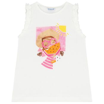 Girls White Cotton Graphic Print Top