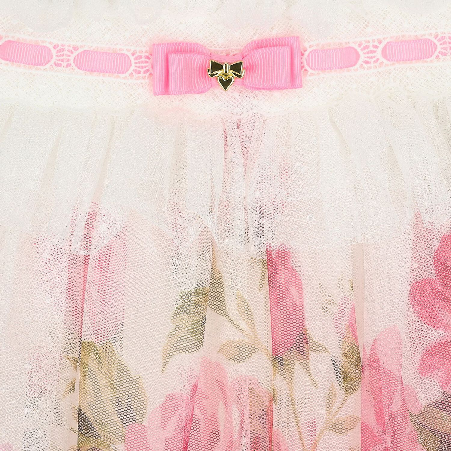 Baby Girls White & Pink Floral Tulle Dress, 1, hi-res