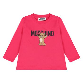 Younger Girls Pink Teddy Bear Logo Long Sleeve Top