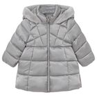 Younger Girls Grey Hooded Puffer Coat, 2, hi-res