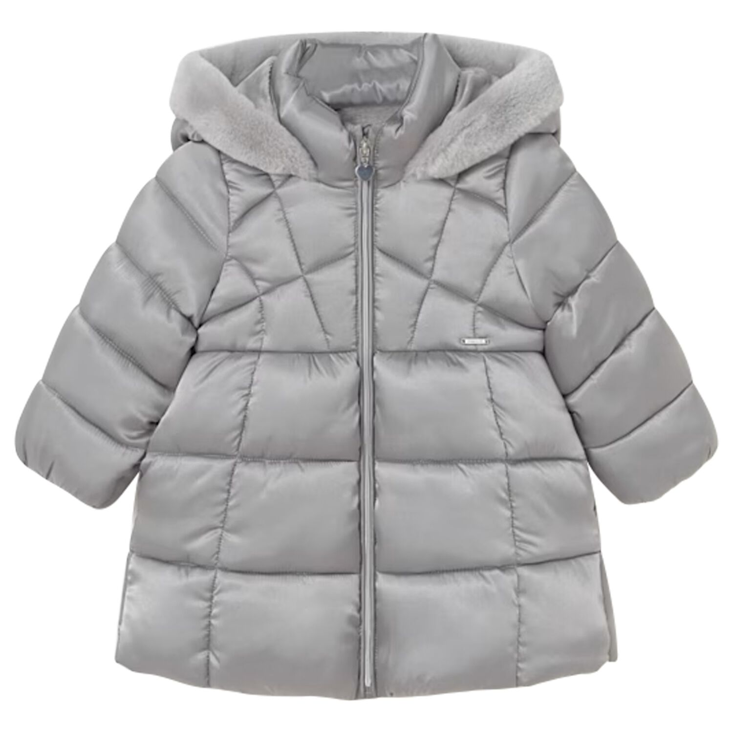Younger Girls Grey Hooded Puffer Coat, 2, hi-res