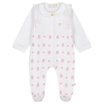 Baby Girls White & Pink Logo Babygrow
