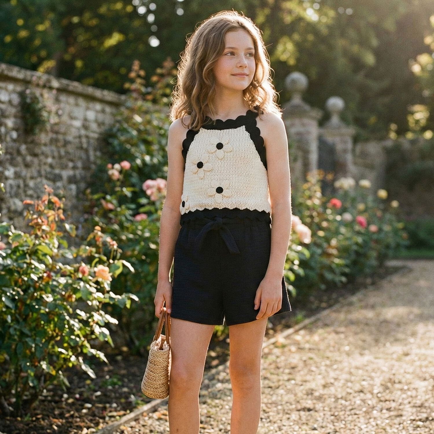 Girls Beige & Black Flower Knitted Top, 1, hi-res