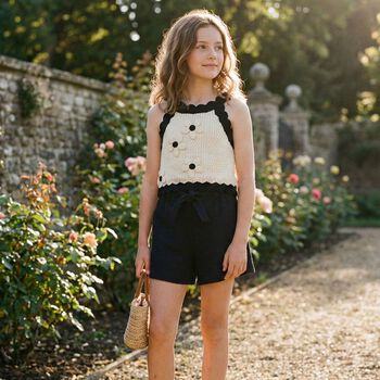 Girls Beige & Black Flower Knitted Top