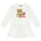 Younger Girls Ivory Teddy Bear Logo Dress, 1, hi-res