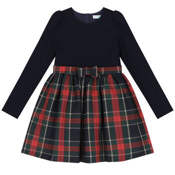 Girls Navy Blue & Red Tartan Dress