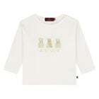 Younger Girls Ivory & Gold Teddy Bear Logo Long Sleeve Top , 1, hi-res