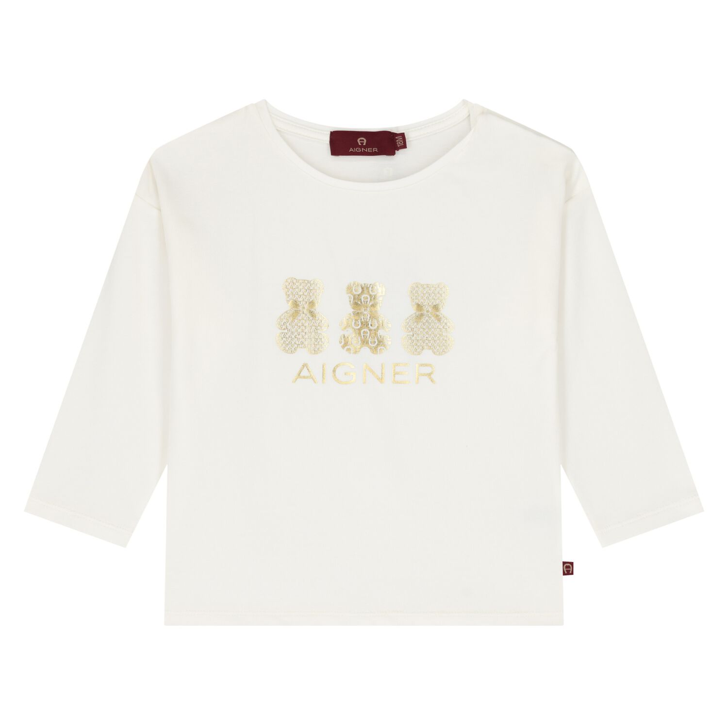 Younger Girls Ivory & Gold Teddy Bear Logo Long Sleeve Top , 1, hi-res