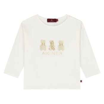 Younger Girls Ivory & Gold Teddy Bear Logo Long Sleeve Top 
