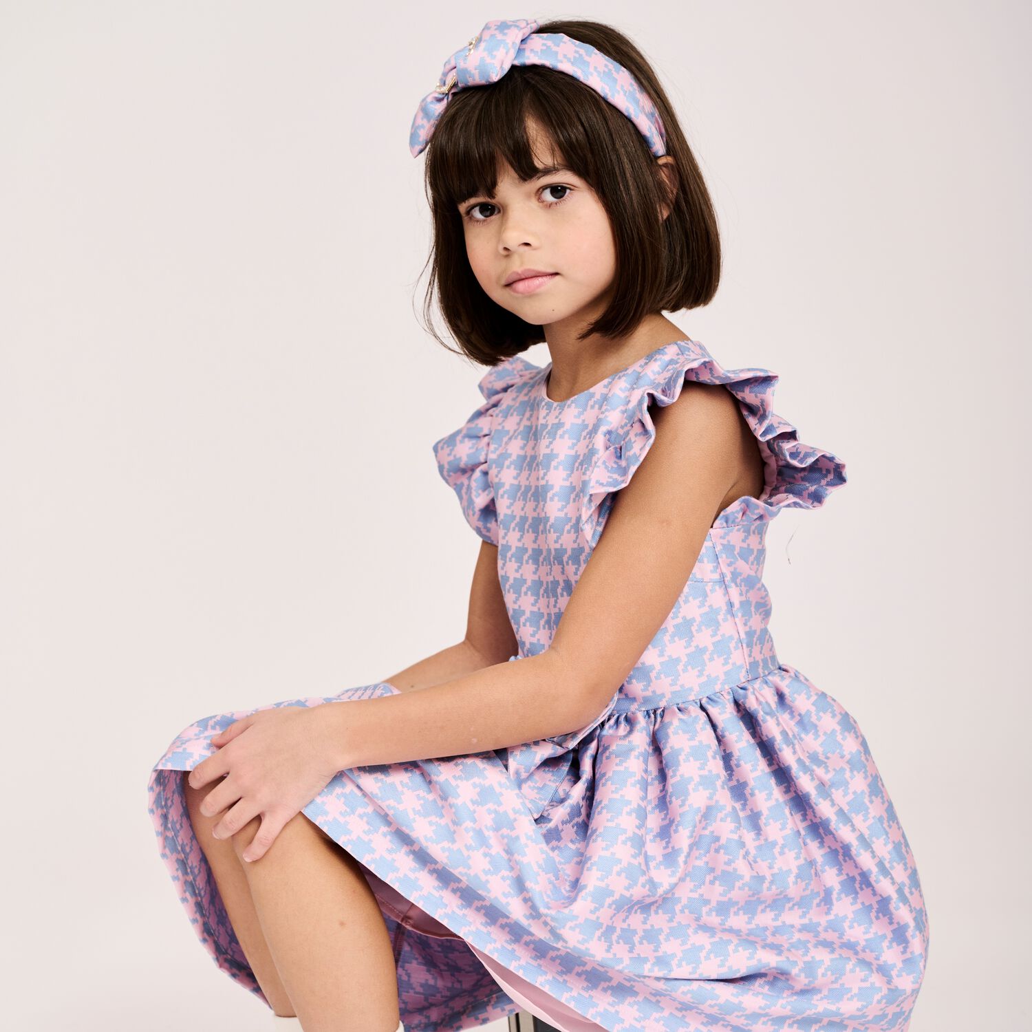 Girls Blue & Pink Houndstooth Dress, 1, hi-res image number null