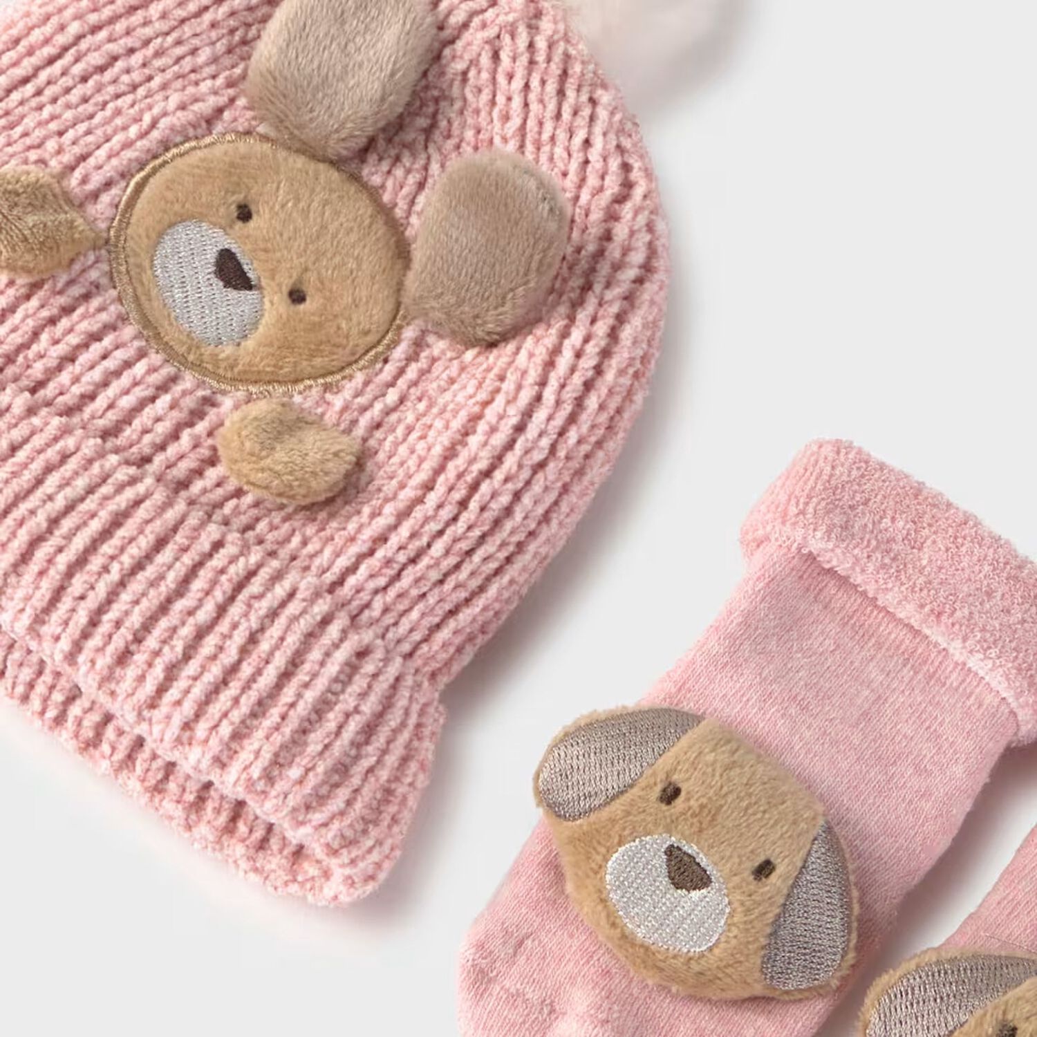 Baby Girls Pink Puppy Knitted Hat & Socks Set, 2, hi-res