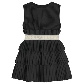 Girls Black Logo Pleated Satin Dress 