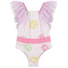 Girls White & Pink Striped Donuts Swimsuit, 1, hi-res