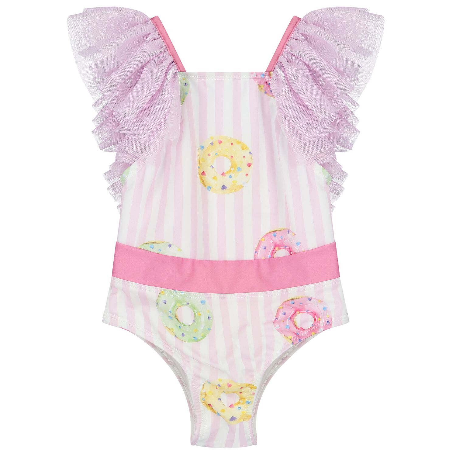 Girls White & Pink Striped Donuts Swimsuit, 1, hi-res