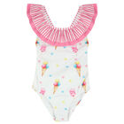 Girls White & Pink Ice Cream Swimsuit, 2, hi-res