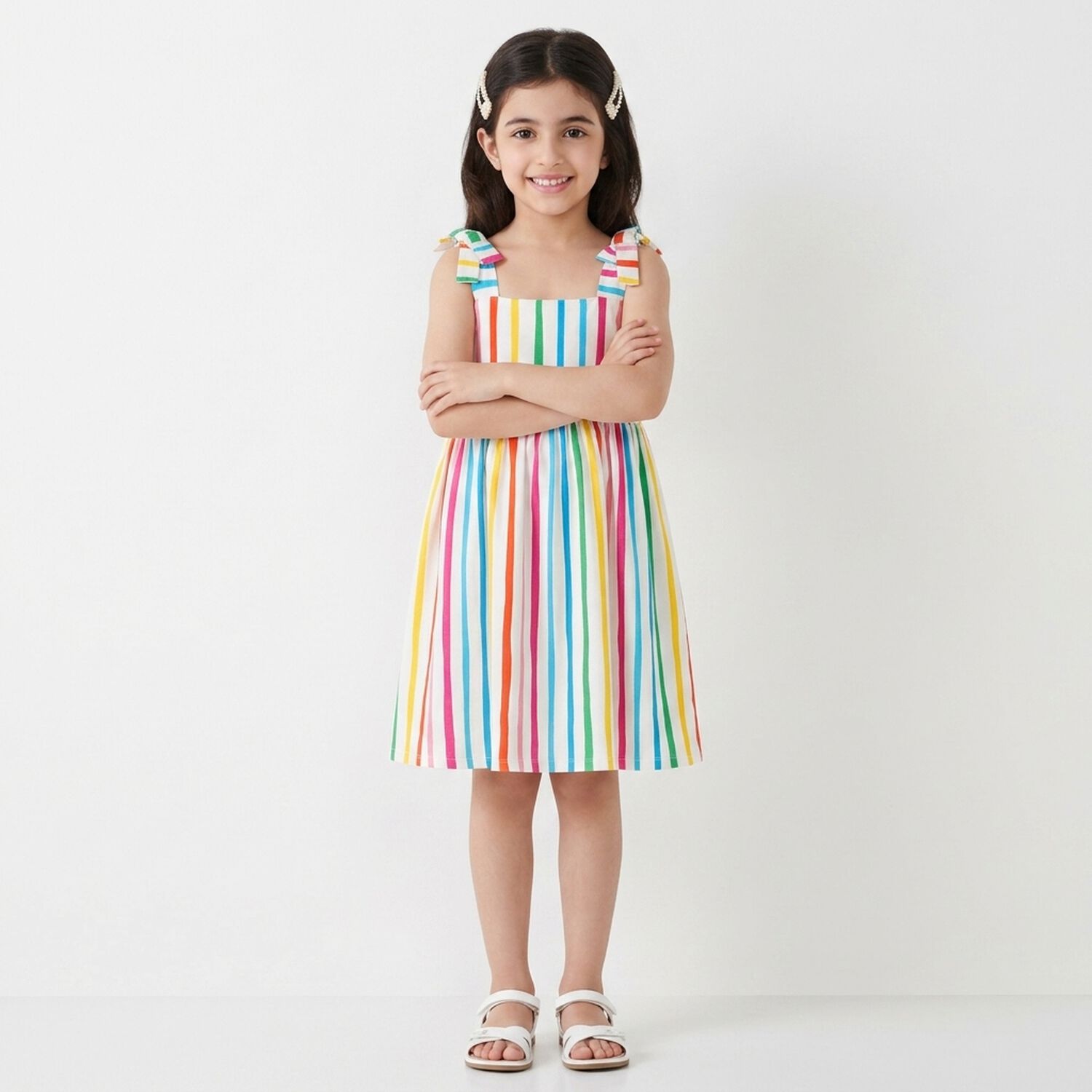 Girls Multi-Coloured Bow Striped Dress, 1, hi-res