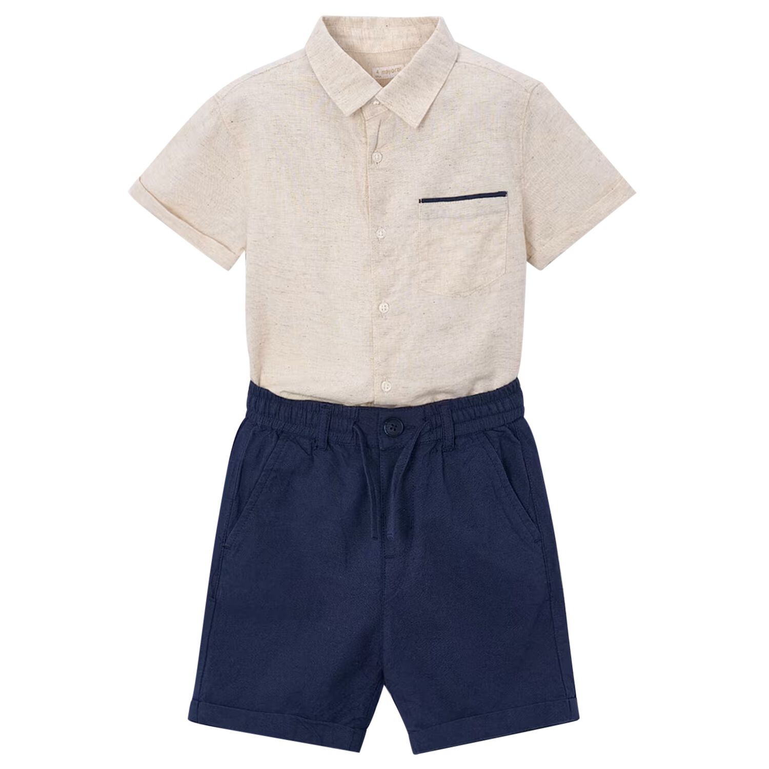 Boys Beige & Navy Blue Striped Shorts Set, 3, hi-res
