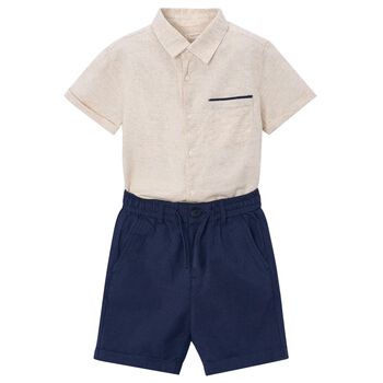 Boys Beige & Navy Blue Striped Shorts Set