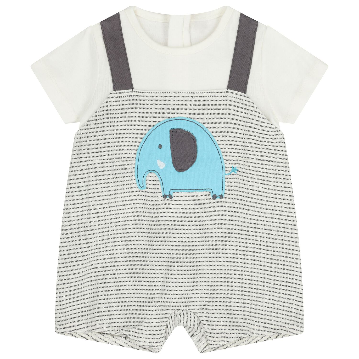 Baby Boys White & Grey Elephant Romper, 1, hi-res