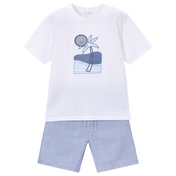 Boys White & Blue Striped Shorts Set