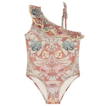 Girls Pink Floral Asymmetric Swimsuit