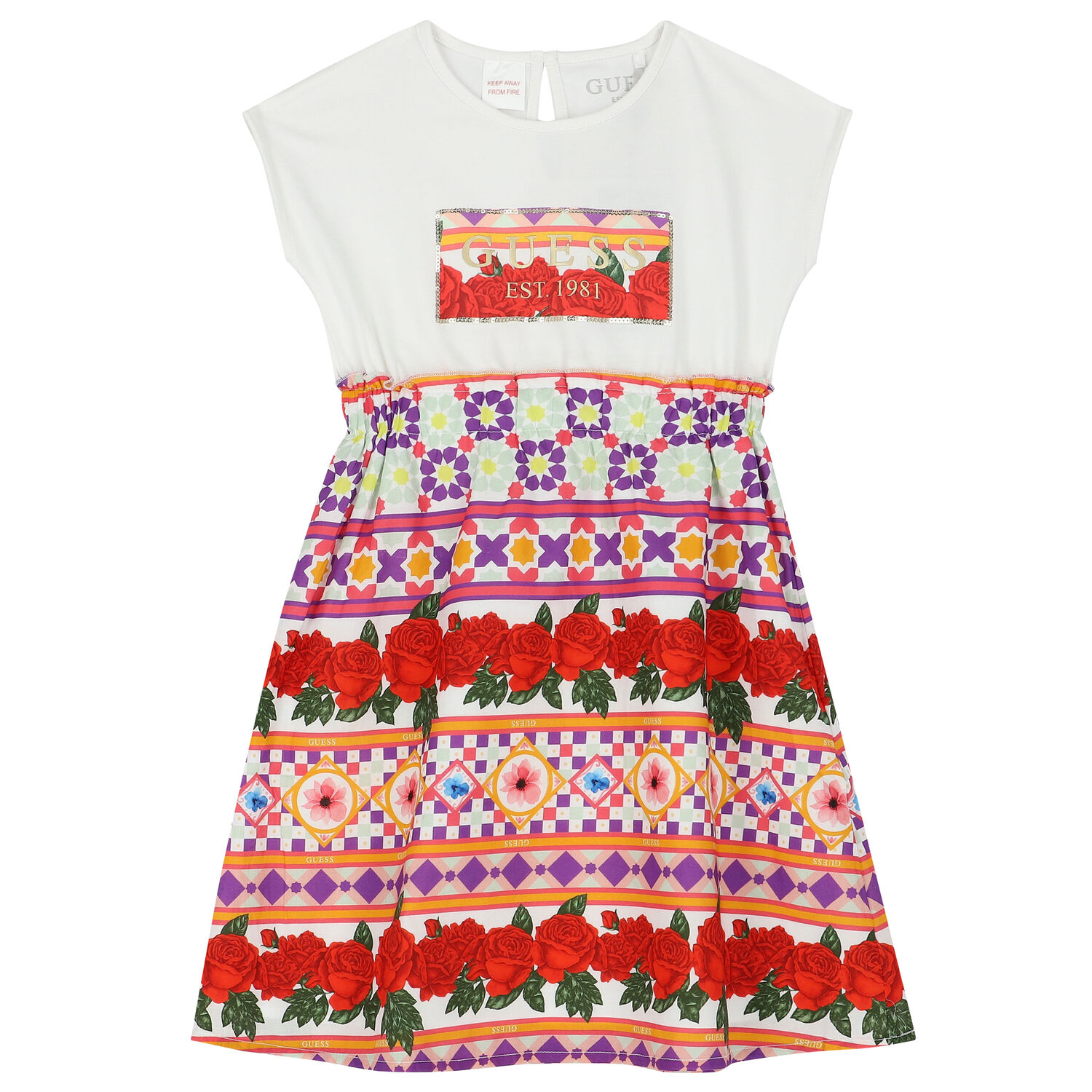 Girls Red & White Floral Dress, 1, hi-res