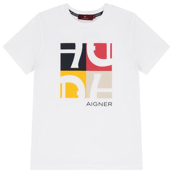 Aigner تيشيرت اولاد بالشعار باللون الابيض , 1 تيشيرت اولاد بالشعار باللون الابيض