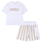 Baby Boys White & Beige Logo Shorts Set, 1, hi-res
