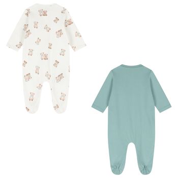 Baby Boys White & Green Teddy Bear Babygrows ( 2-Pack )