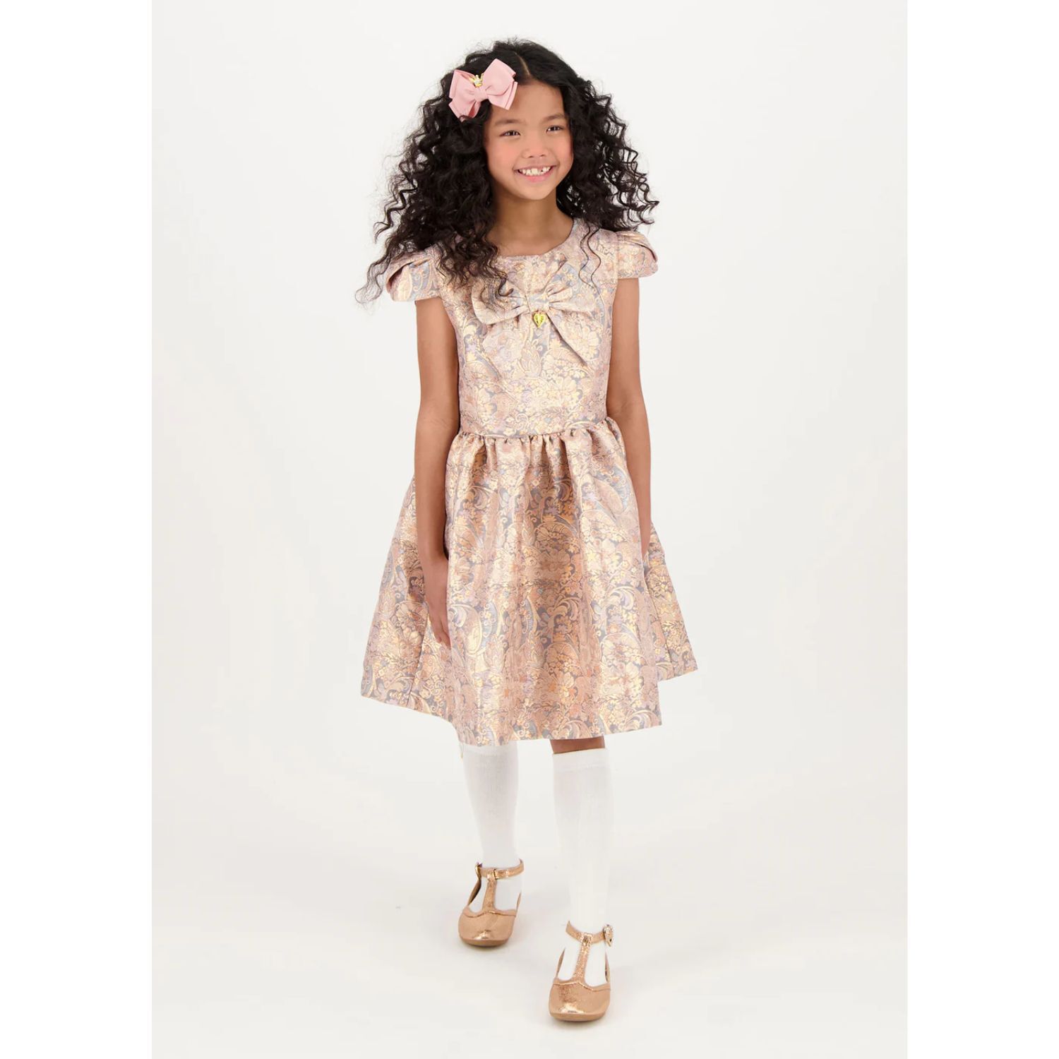 Girls Gold & Grey Jacquard Dress, 1, hi-res image number null