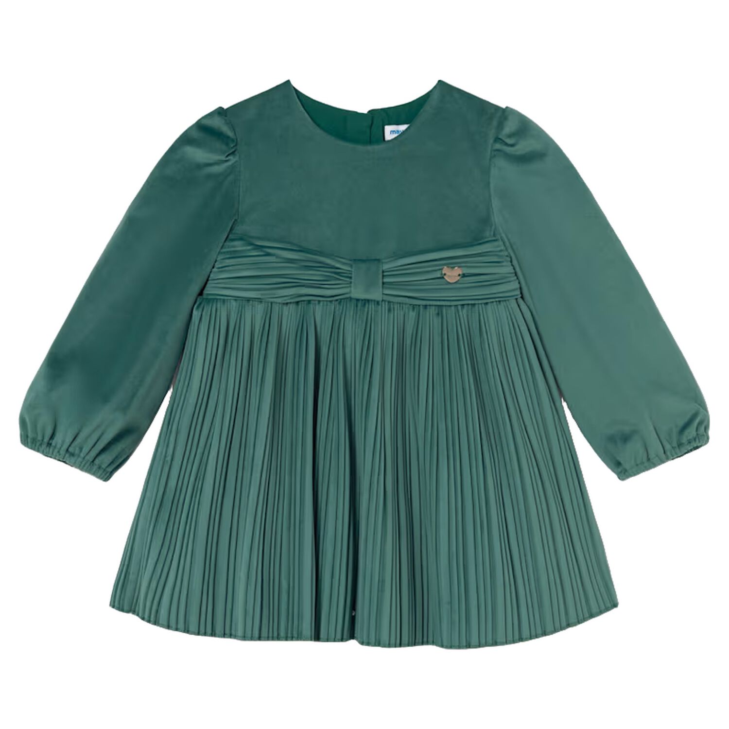 Younger Girls Green Velvet Pleated Dress, 1, hi-res