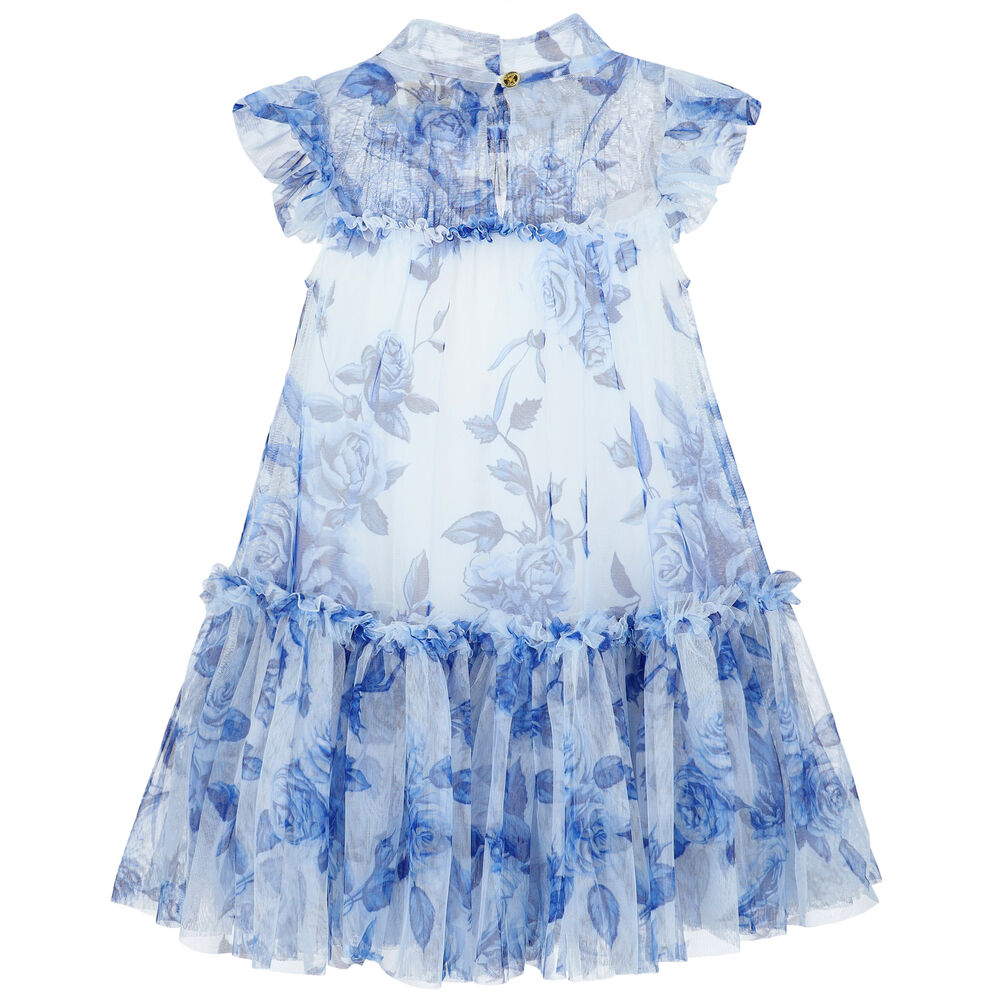 Girls Blue Gillet With Off White Printed Dress main image 1