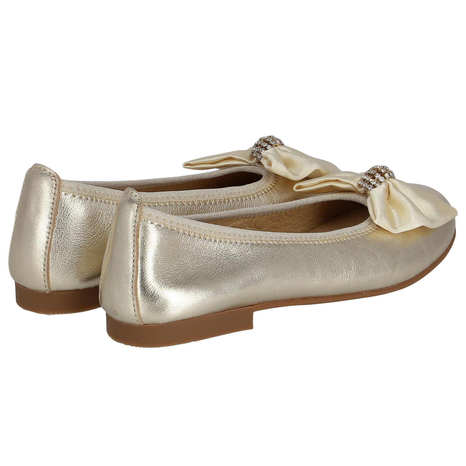 Girls Gold Embellished Bow Ballerina Shoes, 2, hi-res image number null