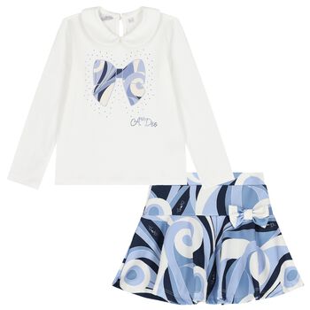 Girls White & Blue Logo Swirl Skirt Set