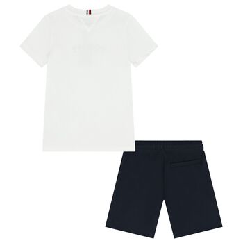 Boys White & Navy Blue Shorts Set