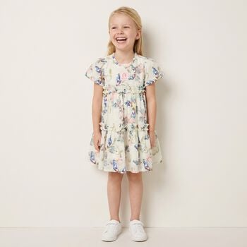 Younger Girls Ivory Butterflies Logo Dress