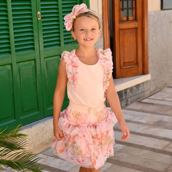 Girls Pink Floral Tulle Skirt