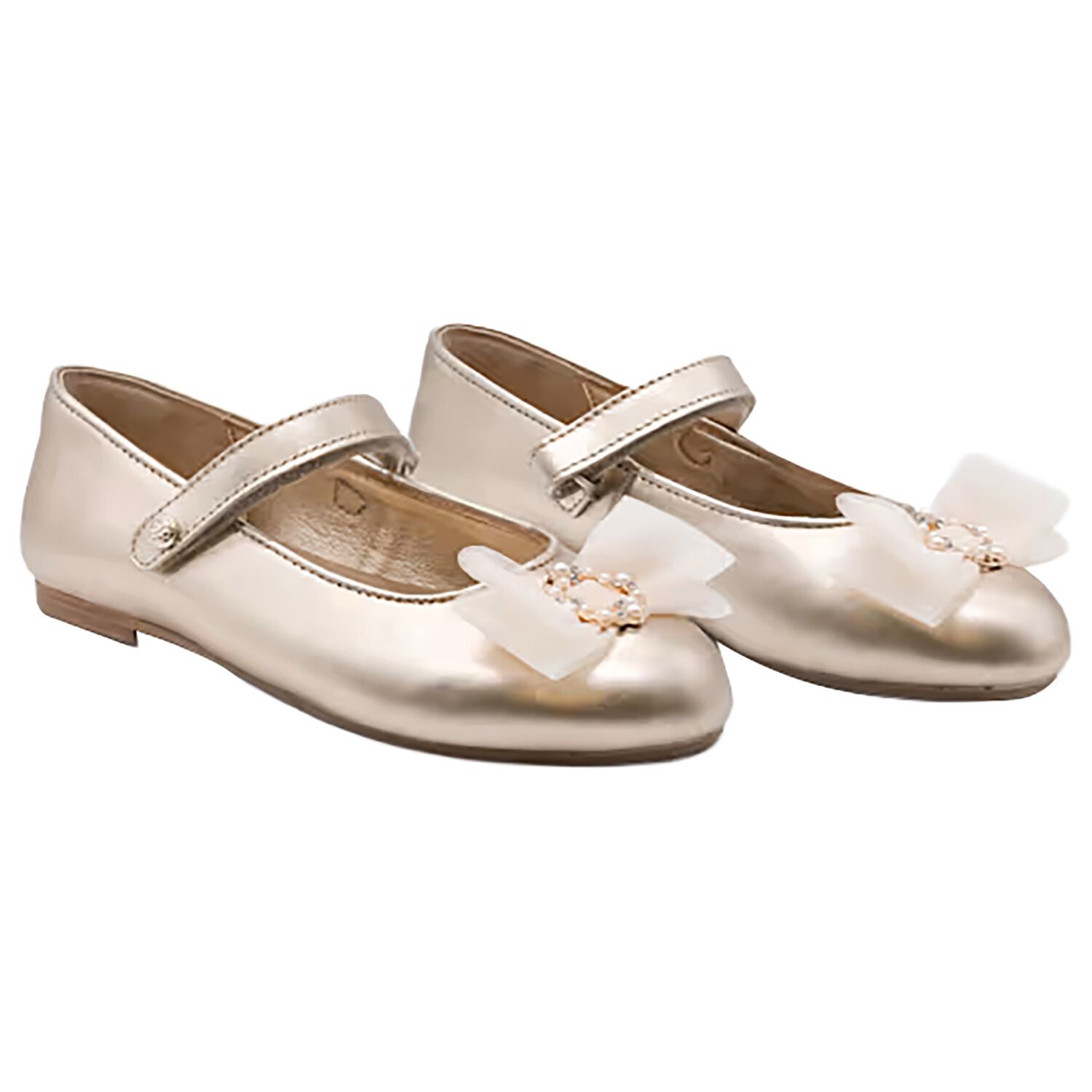 Girls Gold Leather Tulle Bow Shoes, 1, hi-res