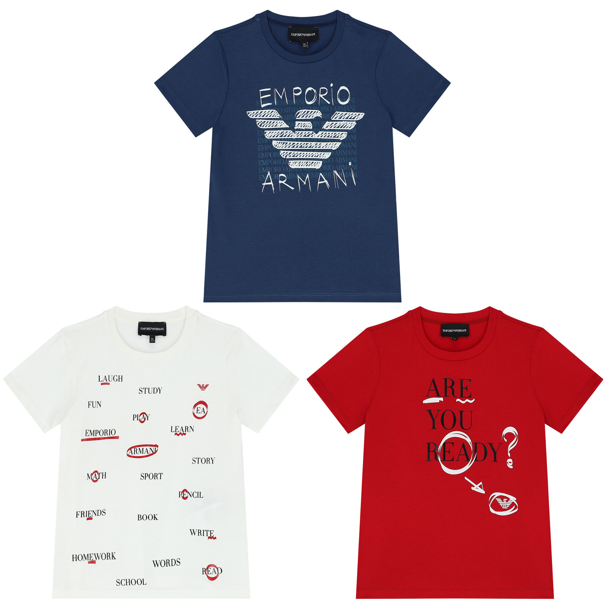Emporio Armani Boys Navy Blue Ivory Red Logo T Shirts 3 Pack Junior Couture UAE