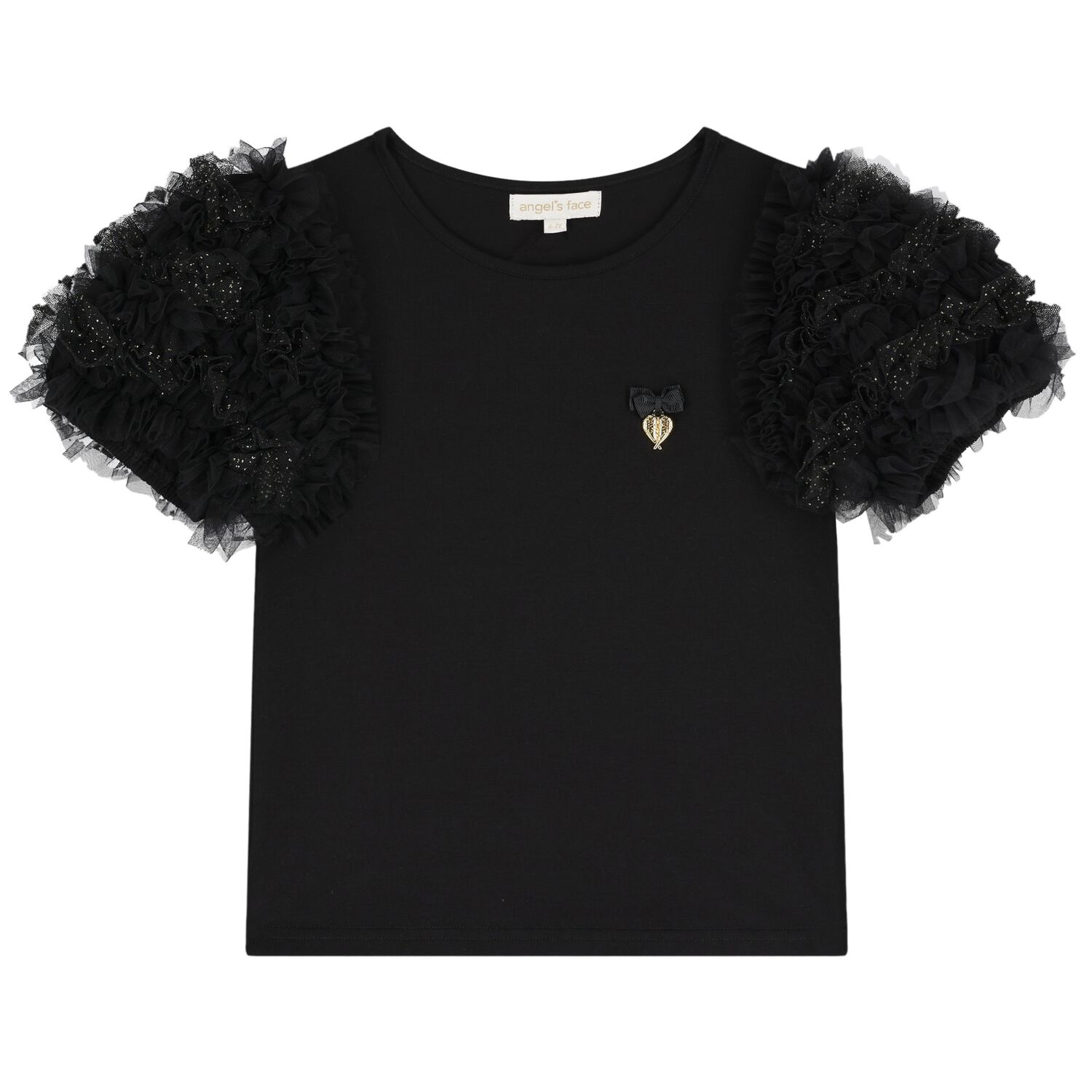 Girls Black Tulle Sleeve T-Shirt, 1, hi-res