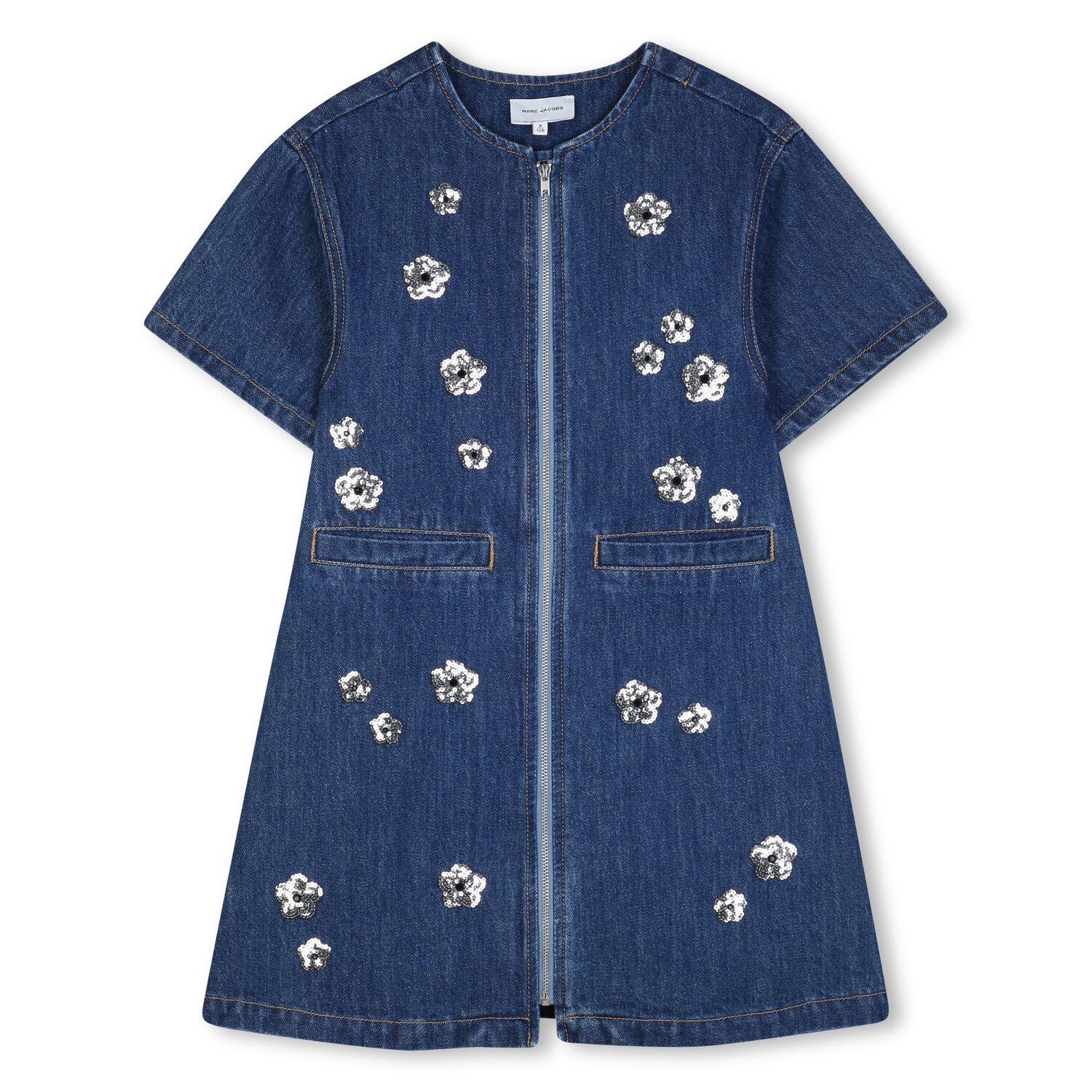 Girls Blue Denim Sequinned Floral Dress, 1, hi-res