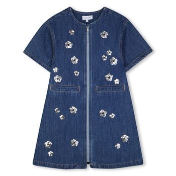 Girls Blue Denim Sequinned Floral Dress