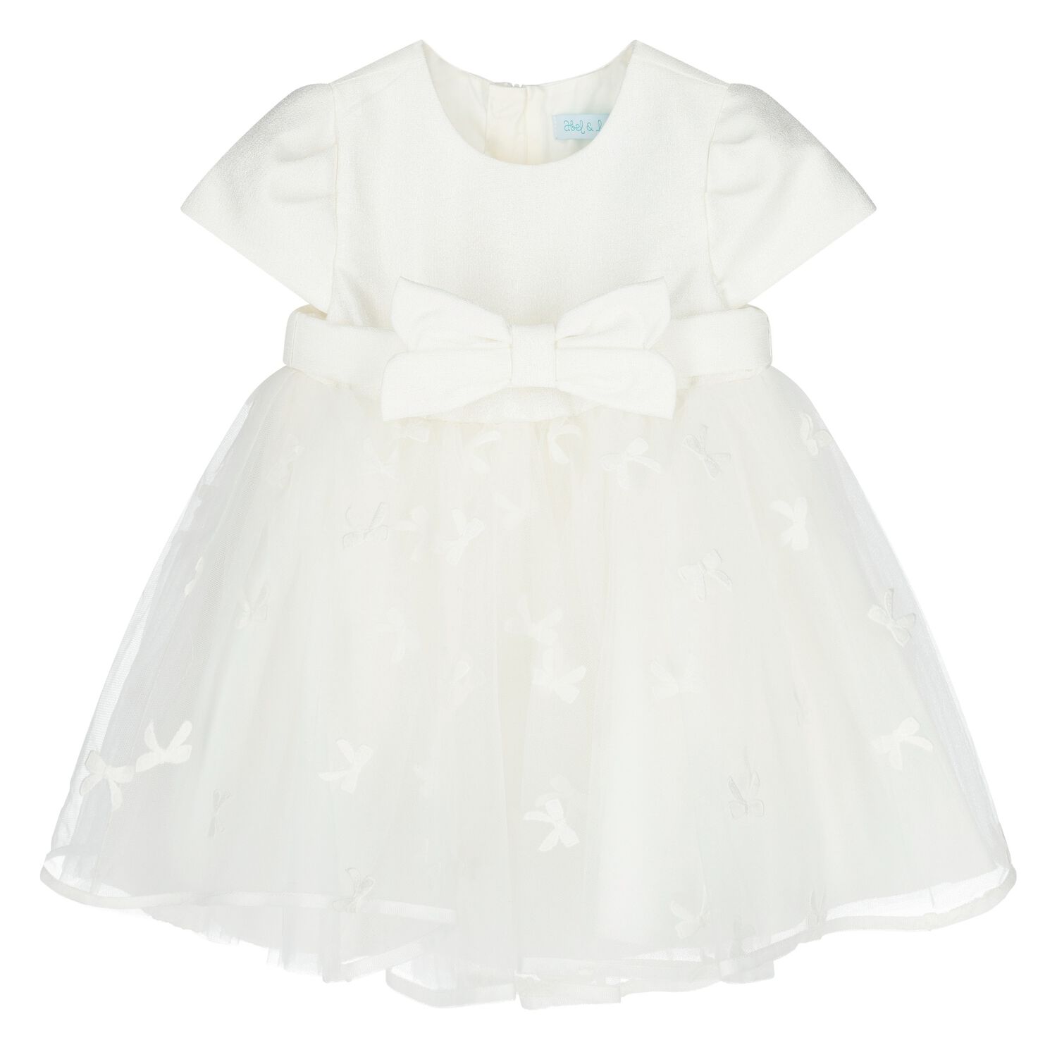 Younger Girls White Bow Tulle Dress, 1, hi-res