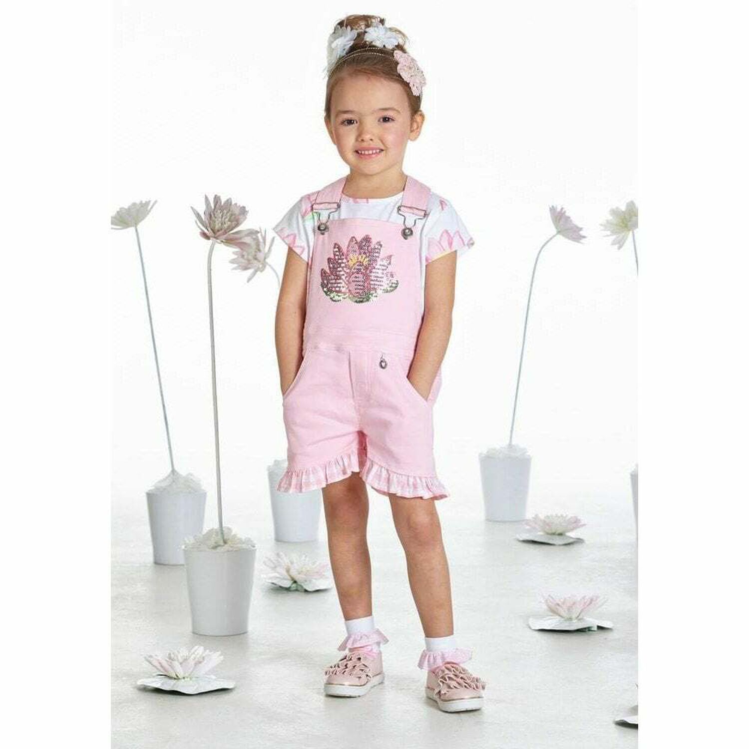 Girls Pink Waterlily Dungaree Set, 1, hi-res