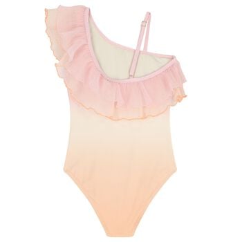 Girls  Beige & Pink Ruffled Swimsuit