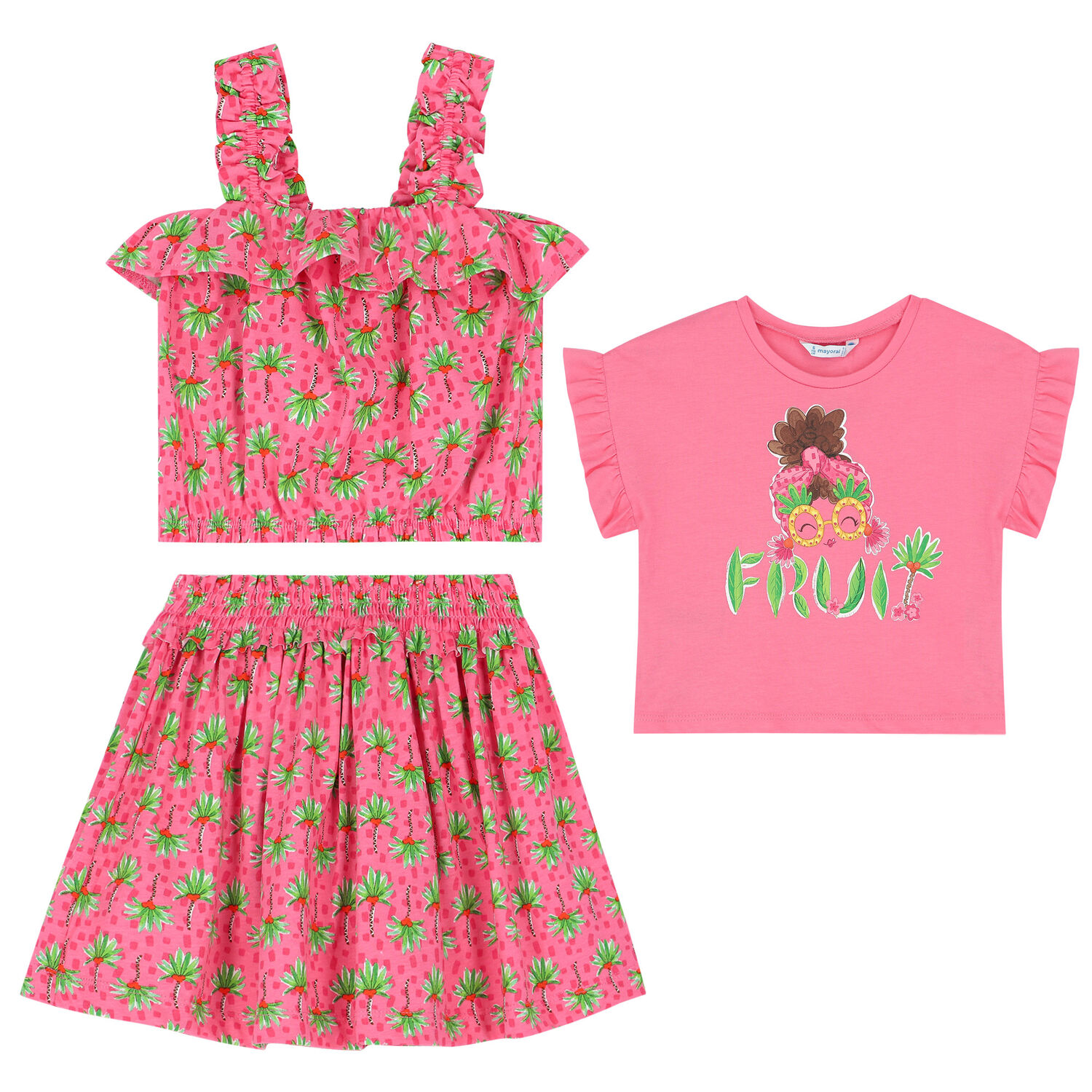 طقم تنورة بطبعة أشجار النخيل باللون الزهرى, 1, hi-res