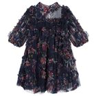 Girls Navy Blue Floral Ruffled Tulle Dress, 1, hi-res